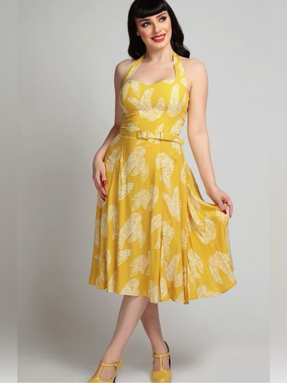 Collectif Yellow Golden Beth Halter Midi Dress with White Leaf Print